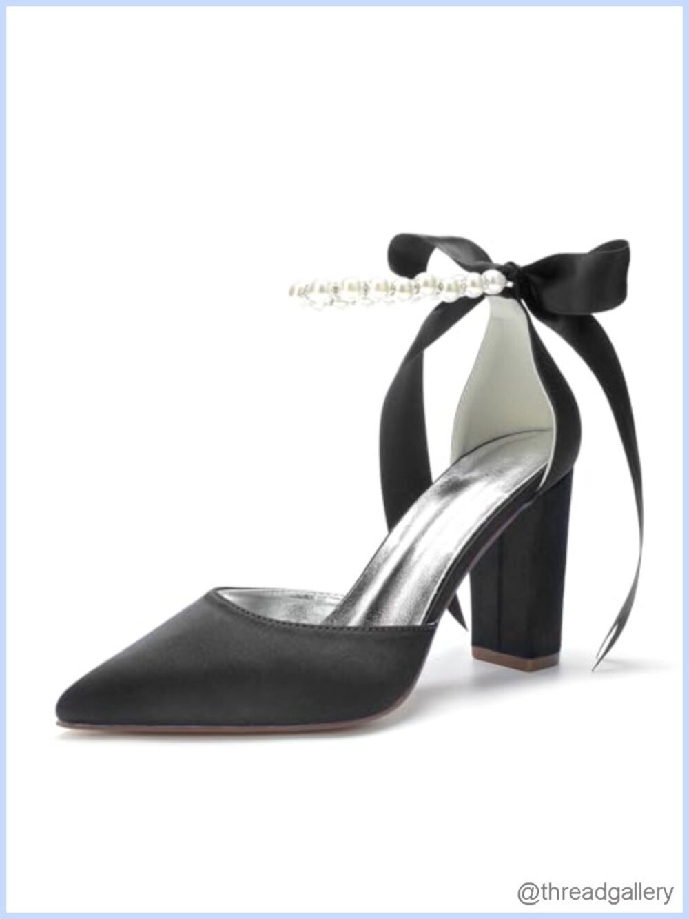 Satin Block Heels Pointed Toe Pearl Bridal Wedding Shoes Women